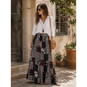 Y2K Floral Peasant Maxi Full Skirt M Black Patchwork Whimsygoth Woodland Fairy